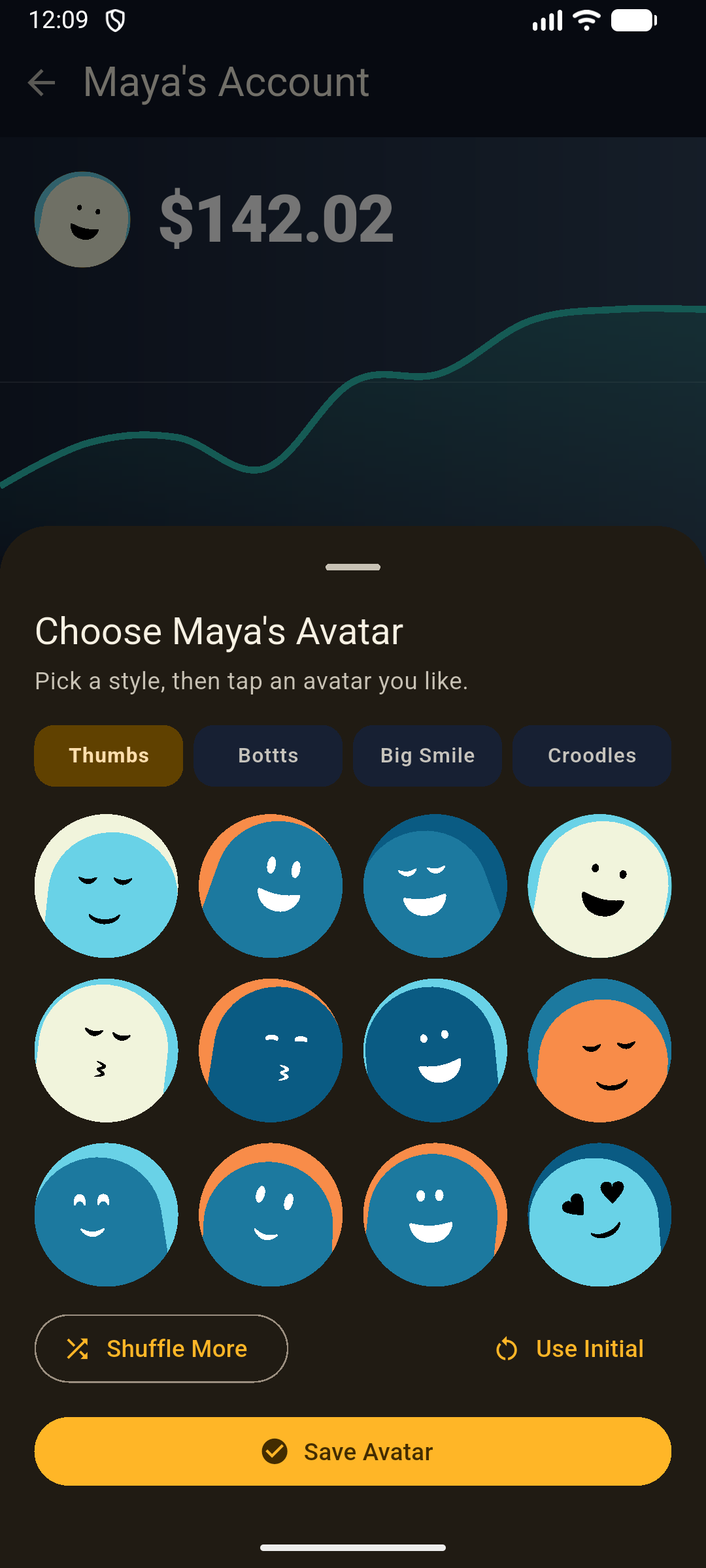 Dark mode avatar picker showing generated custom avatar options.