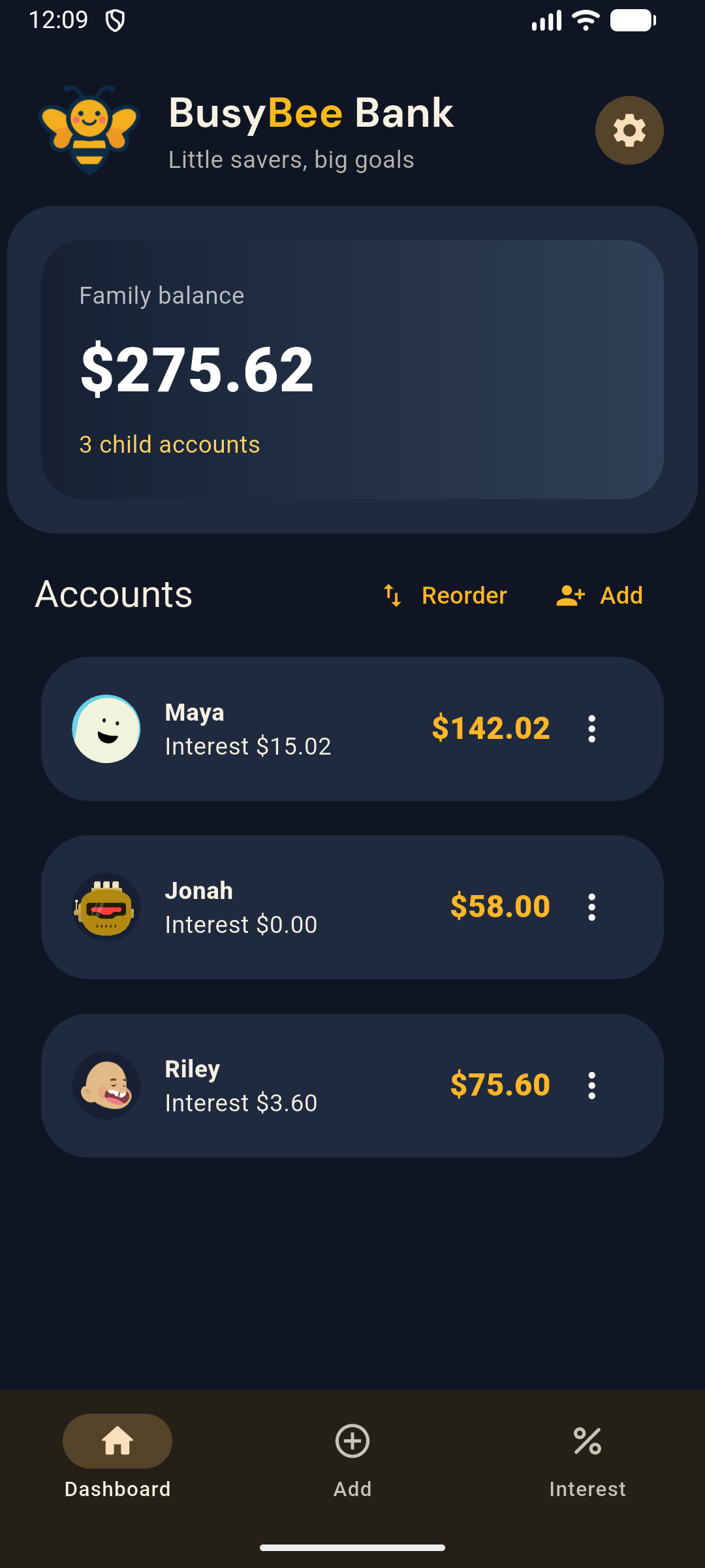 BusyBee Bank dark mode dashboard showing a family balance and three virtual child accounts with custom avatars.