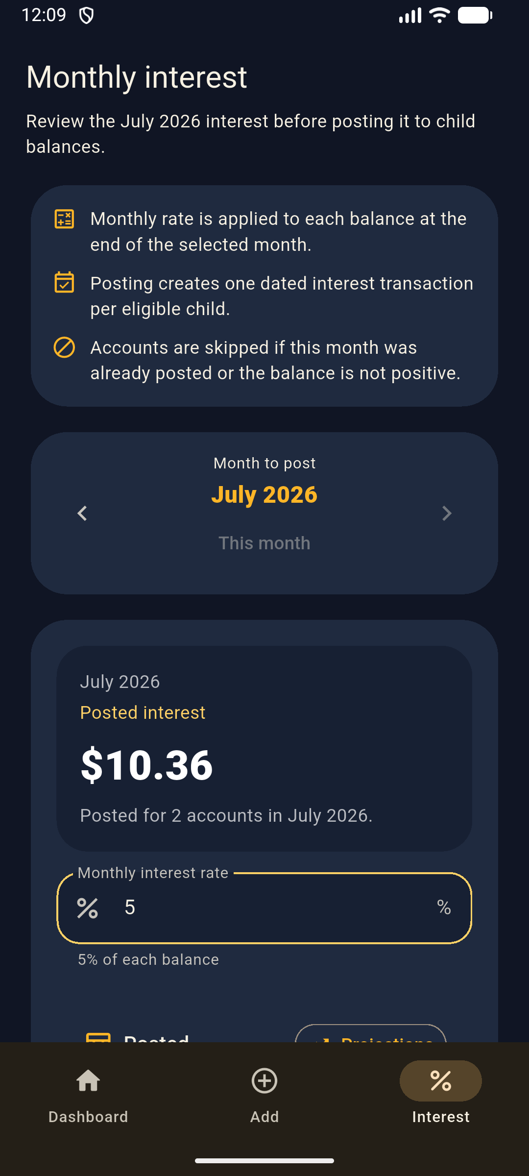 Dark mode monthly interest screen estimating interest for three accounts.